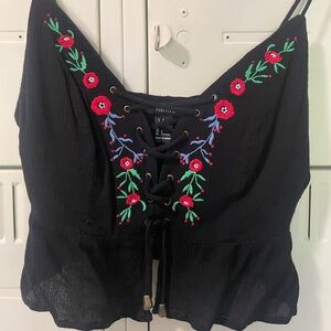 Gauzy lace up floral embroidered top